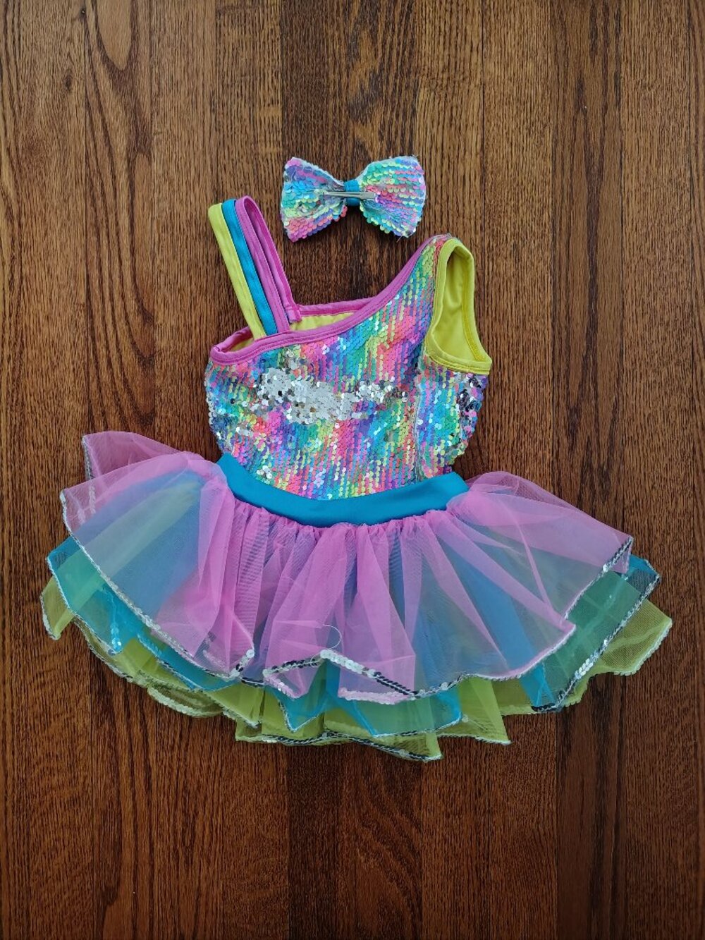Rainbow Sequin Dance Tutu Costume and Bow. A Wish Come True. Sugar Rush.